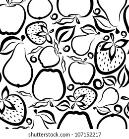 Vector pattern of fruits. Fruit seamless pattern. Stylized fruits.  Black and white