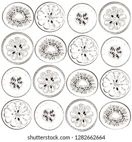 Vector pattern of fruits on a white background. Lemons and kiwi on a pattern. Linear fruit pattern.