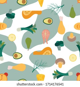 Vector pattern with fruits and vegetables, intermittent fasting diet. For background, poster, banner, card.