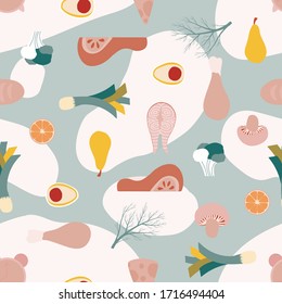 Vector pattern with fruits and vegetables, intermittent fasting diet. For background, poster, banner, card.