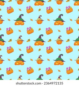 Vector pattern with fun holiday pumpkins in hats. Illustrations for décor, postcards, printing, backgrounds, congratulations.