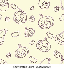 Vector seamless line pattern with fun stylized Halloween pumpkins Bright pattern for your Halloween 
