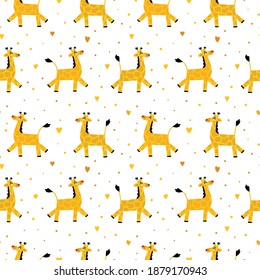 Vector pattern of funny cartoon giraffes on a white background. Yellow smiling giraffes walk one after another in different directions. Print for children, children s clothing, fabric.