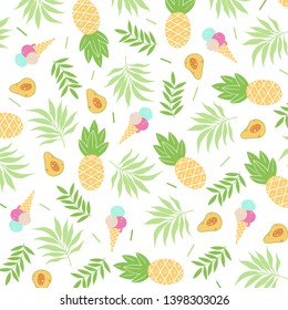 Vector  pattern of funny cartoon summer icons, such as fruits, plants. White background. 