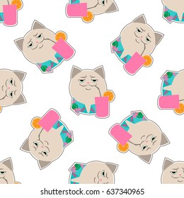 Vector pattern. Funny cat with a cocktail dressed in aloha shirt. Cartoon character. Isolated on white background.