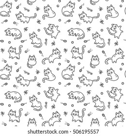 Vector pattern with funny cats and cat's toys, seamless background 