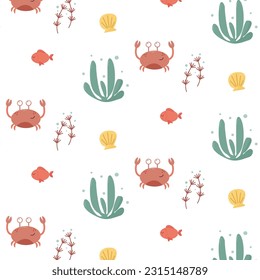 vector pattern with funny crab and sea world