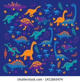Vector pattern with funny dinosaurs, clouds and trees. Ideal for cards, invitations, wallpaper, web page backgrounds, textile industry, kindergarten, preschool and children room decoration