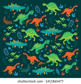 Vector pattern with funny dinosaurs, clouds and trees. Ideal for cards, invitations, wallpaper, web page backgrounds, textile industry, kindergarten, preschool and children room decoration