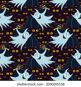 vector pattern with a funny ghost with bat wings and a candelabra in his hand on a dark background with bright eyes burning in the dark, halloween theme