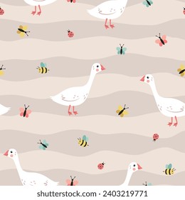 Vector pattern with funny goose. Pattern with goose, butterflies and bees. Light background. Pattern for clothing, wrapping paper.