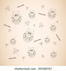 Vector pattern with funny owls and flowers, outline owls background