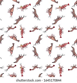 Vector pattern. Funny shrimp, marine life, crustaceans, delicious food. Isolated on white background, flat style. Coloring book, page for adults and children. For the design of books, magazines, poste