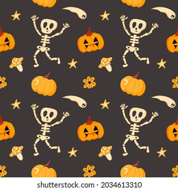 Vector pattern with a funny skeleton, pumpkins and ghosts, in a flat style on a gray background. Illustration for Halloween, T-shirts, gift wrapping, postcards, banners