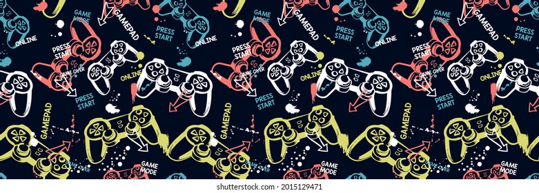 Vector pattern with gamepad and game slogans text, print and other uses.