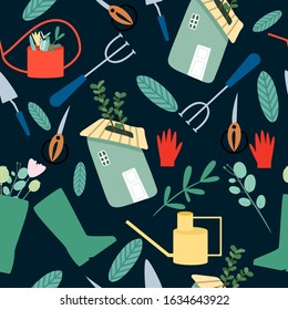 Vector pattern with gardening tools and flowers.