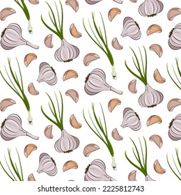 Vector pattern with garlic.Slices and heads of garlic on a transparent background in a color vector pattern.