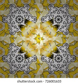 Vector pattern. Gentle, spring floral on white, yellow and beige colors. Exploding flowers abstractly placed. Vector illustration.