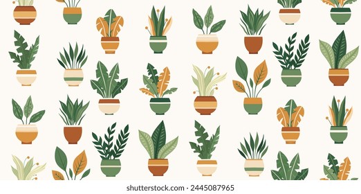 Vector pattern with geometric flat hand drawn house plants in various pots. Texture with greenery in vases. Surface design with flowerpots for wrapping paper, wallpaper.