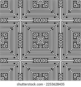 
Vektormuster im geometrischen Zierstil. Schwarz-Weiß-Farbe.
Einfaches Geo auf dem gesamten Druckblock für Bekleidung, Damenkleidung, Modebekleidung, digitale Tapete.