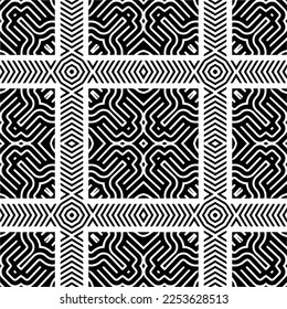 
Vector pattern in geometric ornamental style. Black and white color.
Simple geo all over print block for apparel textile, ladies dress, fashion garment, digital wall paper.