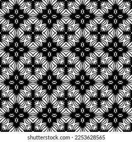 
Vector pattern in geometric ornamental style. Black and white color.
Simple geo all over print block for apparel textile, ladies dress, fashion garment, digital wall paper.