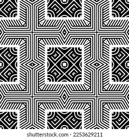 
Vector pattern in geometric ornamental style. Black and white color.
Simple geo all over print block for apparel textile, ladies dress, fashion garment, digital wall paper.