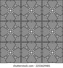 
Vector pattern in geometric ornamental style. Black and white color.
Simple geo all over print block for apparel textile, ladies dress, fashion garment, digital wall paper.