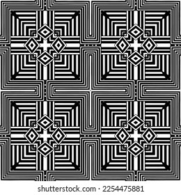 Vector pattern in geometric ornamental style. Black and white color. Simple geo all over print block for apparel textile, ladies dress, fashion garment, digital wall paper.