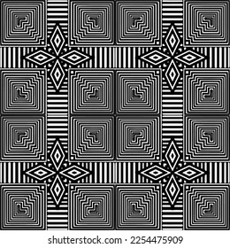 Vector pattern in geometric ornamental style. Black and white color. Simple geo all over print block for apparel textile, ladies dress, fashion garment, digital wall paper.