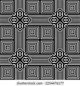 Vector pattern in geometric ornamental style. Black and white color. Simple geo all over print block for apparel textile, ladies dress, fashion garment, digital wall paper.