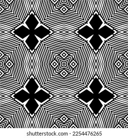 Vector pattern in geometric ornamental style. Black and white color. Simple geo all over print block for apparel textile, ladies dress, fashion garment, digital wall paper.