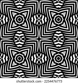 Vector pattern in geometric ornamental style. Black and white color. Simple geo all over print block for apparel textile, ladies dress, fashion garment, digital wall paper.