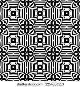 Vector pattern in geometric ornamental style. Black and white color.Seamless repeat pattern.Simple geo all over print block for apparel textile, ladies dress, fashion garment, digital wall paper.