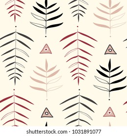 Vector pattern with geometric ornaments and leaves in native americans ancient style