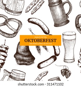 Vector pattern with German traditional food in retro style for Oktoberfest. Vintage pattern with ink hand drawn food illustration isolated on white. 