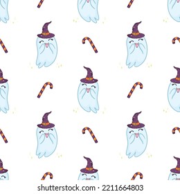 The vector pattern of ghosts. Colorful ghosts with different emotions. Suitable for Halloween greetings, advertising, postcards, prints, banners