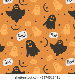 Vector pattern with ghosts on orange background. Element for horror design, Halloween celebrated concept.