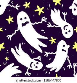 Vector pattern with ghosts and stars on a purple background. For textile, Halloween holiday, family holiday, background, packaging paper.