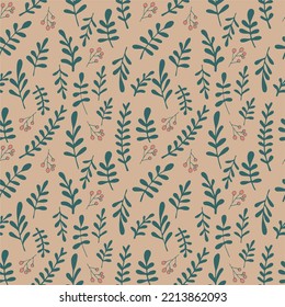 Vector pattern for gift wrapping paper - leaves and berries on a beige background, it will looks good  on kraft paper