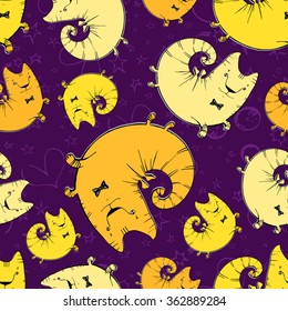 Vector pattern with ginger cartoon curved cats with wings and bow tie on dark violet space background. Seamless pattern can be used for wallpaper, pattern fills, web page background, surface.