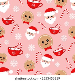 Vector pattern with a gingerbread man, Santa Claus and hot chocolate