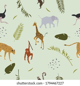 vector pattern with giraffe monkey leopard and leafs