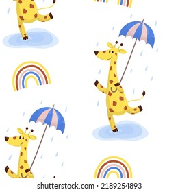 Vector pattern with a giraffe under an umbrella
