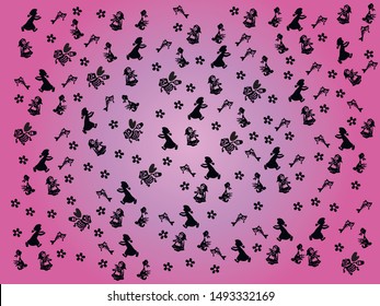 Vector, pattern girl, goose, fish, flower and bee on pink background. Black outline lines, pink background.
