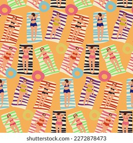 Vector pattern with girls on striped bedspreads sunbathing on the beach. A linear contour with a color in the form of a sketch. A sketch of people lying on the beach. Printing on textiles and paper