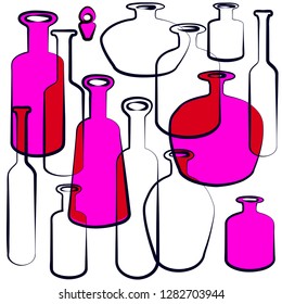 Vector pattern glass pink bottles on white background.Glass bottles on a pattern. Linear black fruit pattern.