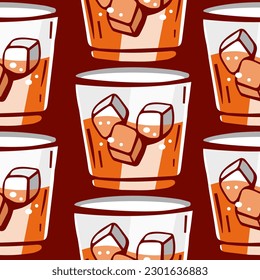 Vector pattern of glasses with drink and ice in cartoon style.