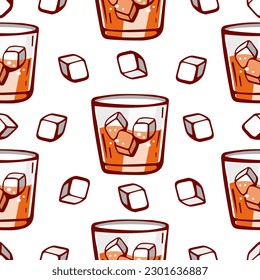 Vector pattern of glasses with drink and ice in cartoon style.