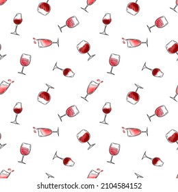 Vector pattern with glasses of red and white wine on a white background, Alcohol, Illustration for packaging, cafes, bars, products.